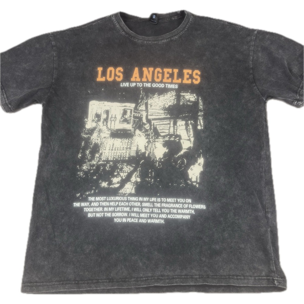 ROMWE Mens Los Angeles Graphic T-Shirt S Grey Acid Wash Streetwear Tee